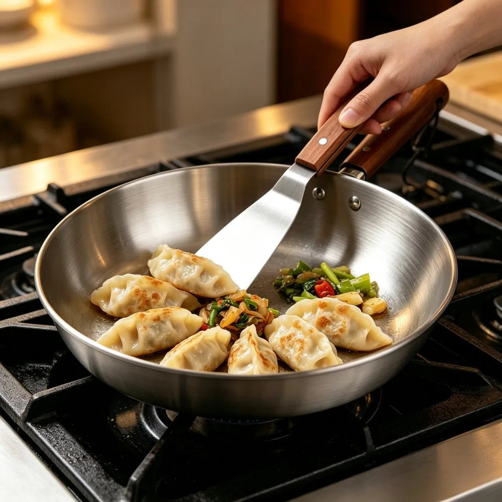 Nonstick Stainless Steel Frying Pan & Spatula Set | Wooden Handle