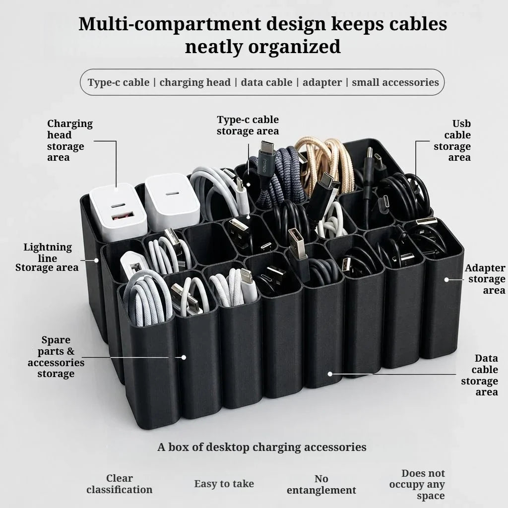22-Grid USB Cable Storage Box – Desktop Cord Organizer