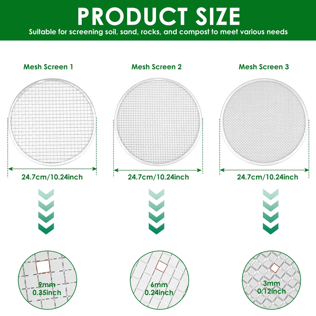 Stainless Steel Soil Sieve Set – 3/6/9mm Compost Sifter Kit