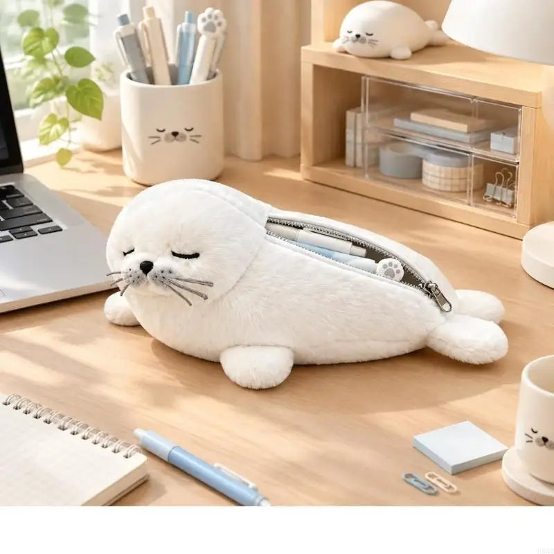 White Plush Seal Pencil Pouch – Zippered Fabric Pencil Case