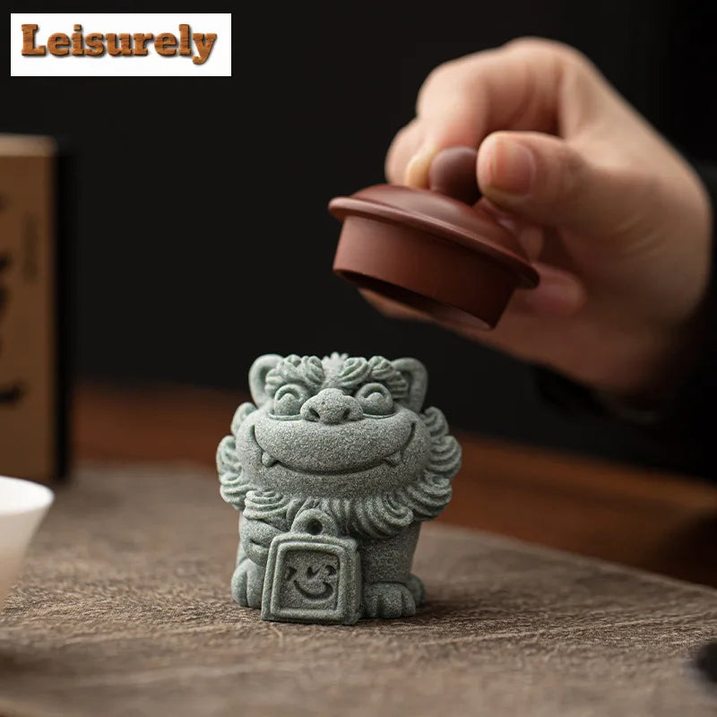 Green Sandstone Lion Tea Pet Ceramic Figurine | Tea Ornament