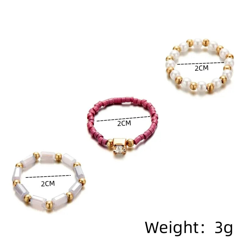 3-Piece Pearl Beaded Bohemian Rings Set – Purple Party Jewelry