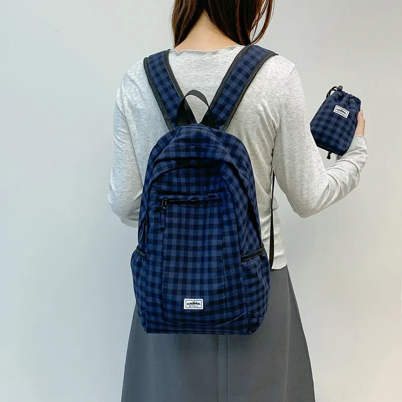 Korean Plaid Canvas Backpack – Large Capacity College Bag