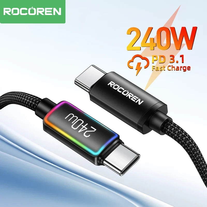 Rocoren 240W USB-C Cable RGB PD 3.1 QC 3.0 Fast Charging Cord