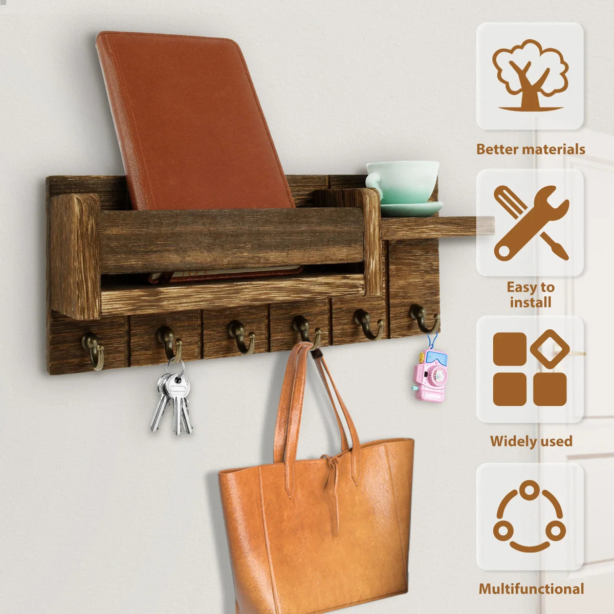 Wall Mount Mail Organizer & Key Holder with Shelf & Hooks