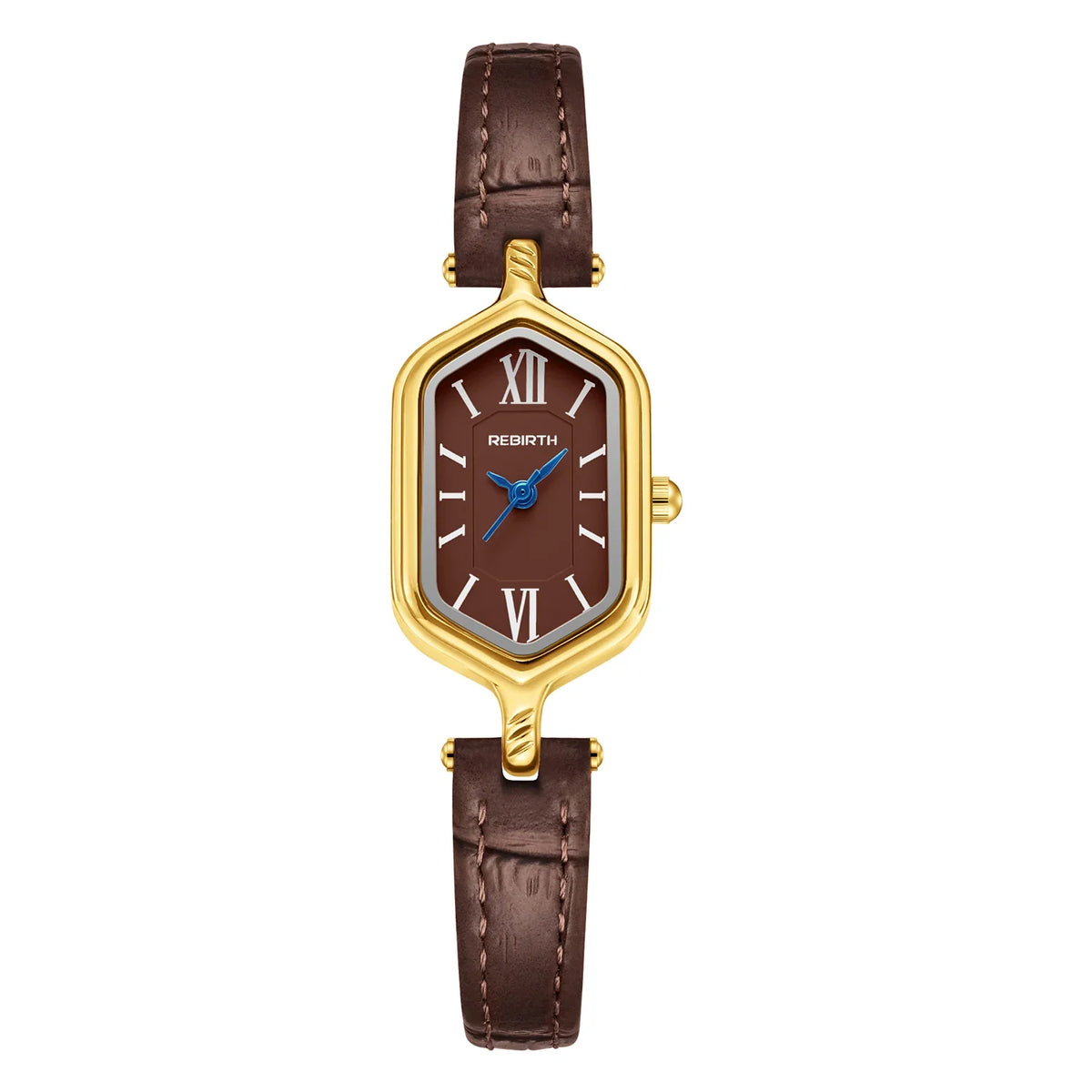 REBIRTH Women's Retro Gold Quartz Watch – Barrel Dial & Leather Strap