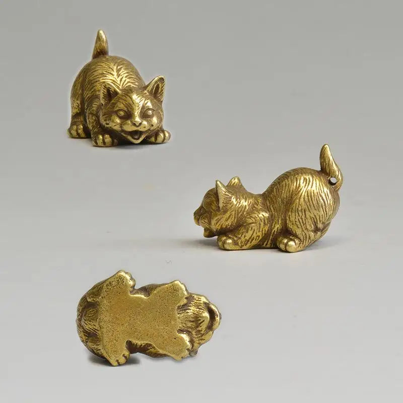Brass Cat Figurine Miniature Tea Pet Desktop Ornament | 4 Styles