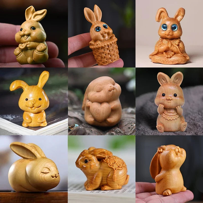 Wood Carved Easter Bunny Figurine – Cute Rabbit Ornament & Gift