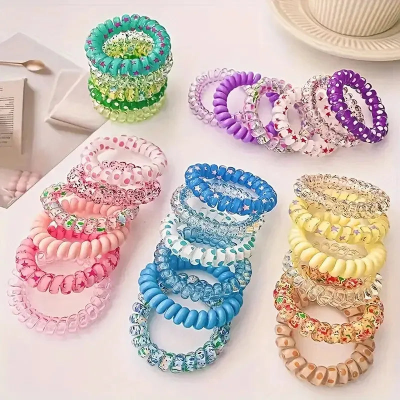 6-Pack Spiral Elastic Hair Ties – Colorful Telephone Wire Bands