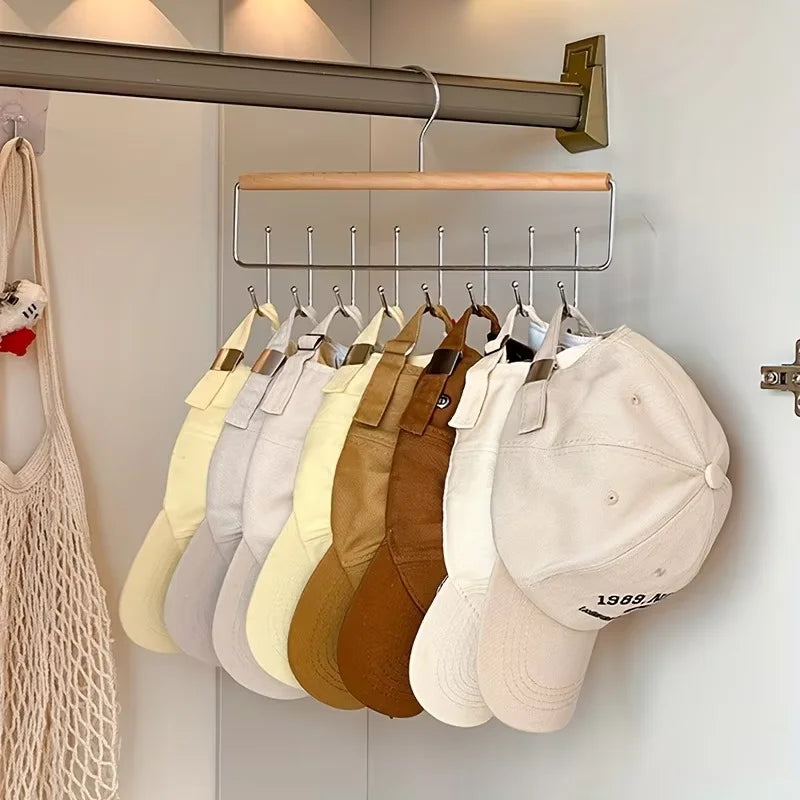 Wooden Hat Organizer Wall Mount Rack & Cap Holder Hooks