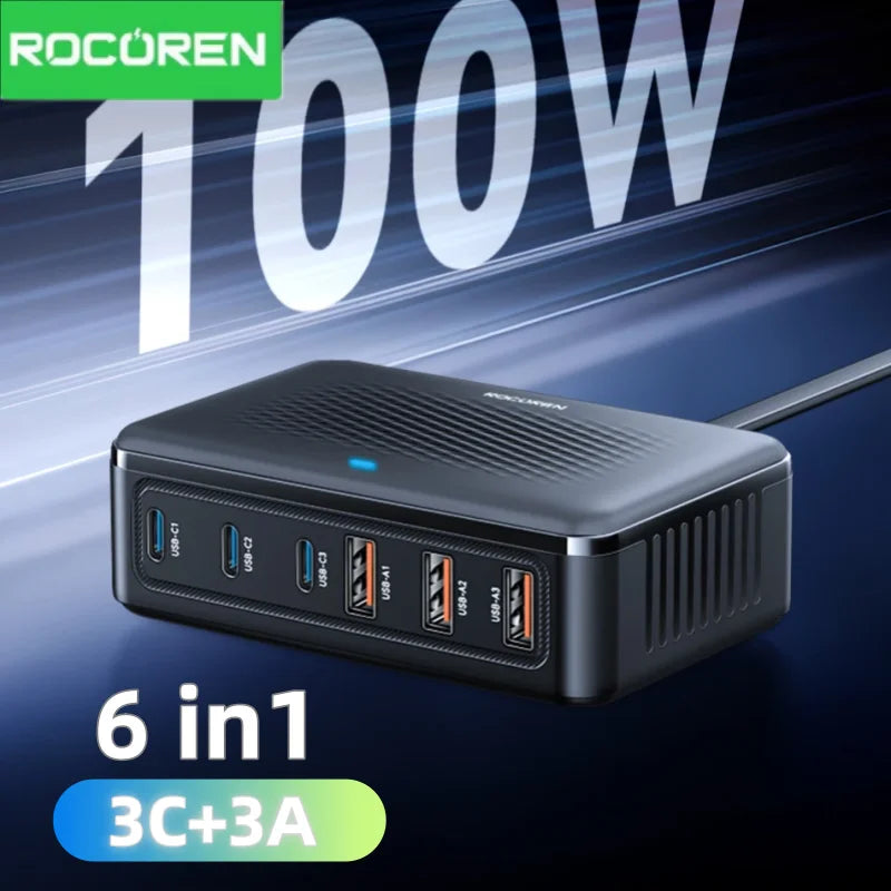 Rocoren 100W GaN Charger 6-Port Desktop Fast Charging Station
