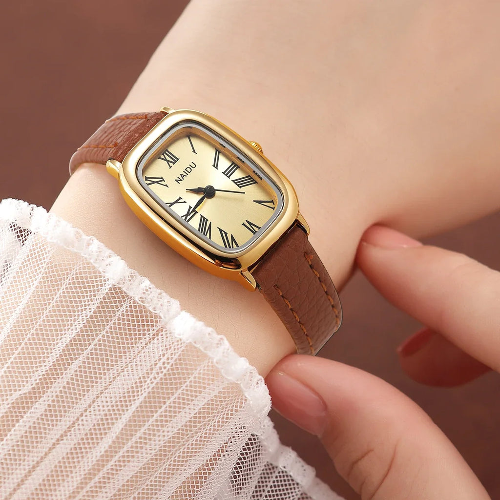 Women's Leather Strap Quartz Watch – Roman Numeral Casual Style