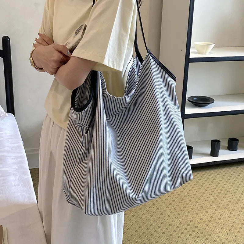 Color-Block Striped Canvas Tote Bag – Large Shoulder Bag