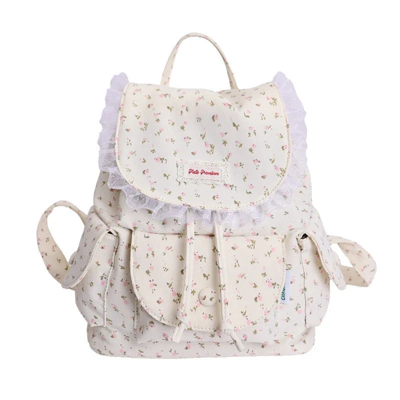 Korean Floral Canvas Backpack – Large Capacity Women's Bag