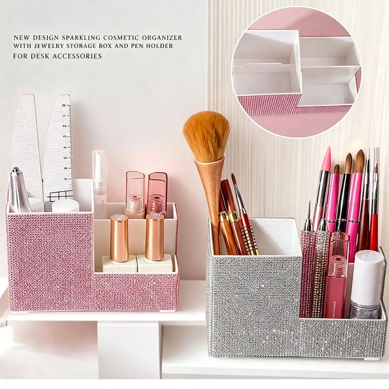 Rhinestone Makeup Organizer – Divided Desktop Storage Case
