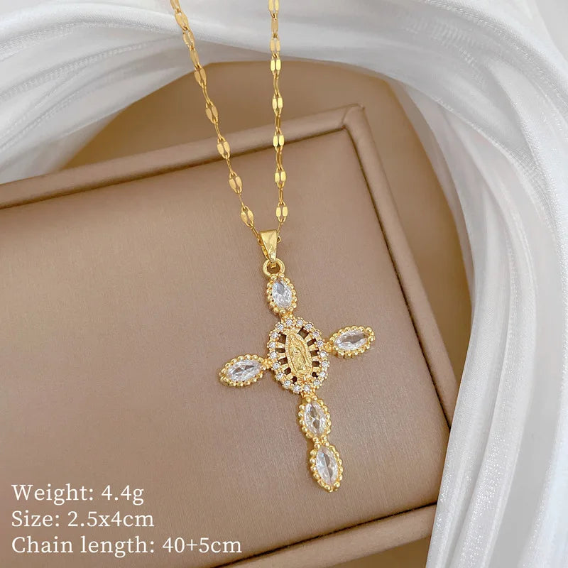 Women's Gold Cross Pendant Necklace – Stainless Steel Choker