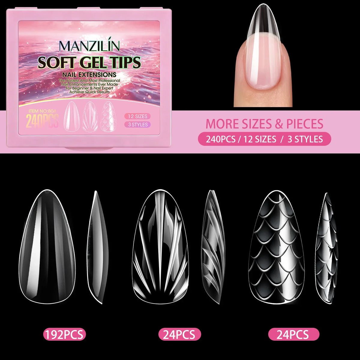 3D Fish Scale Press On Nails 240Pcs – Short Almond Soft Gel
