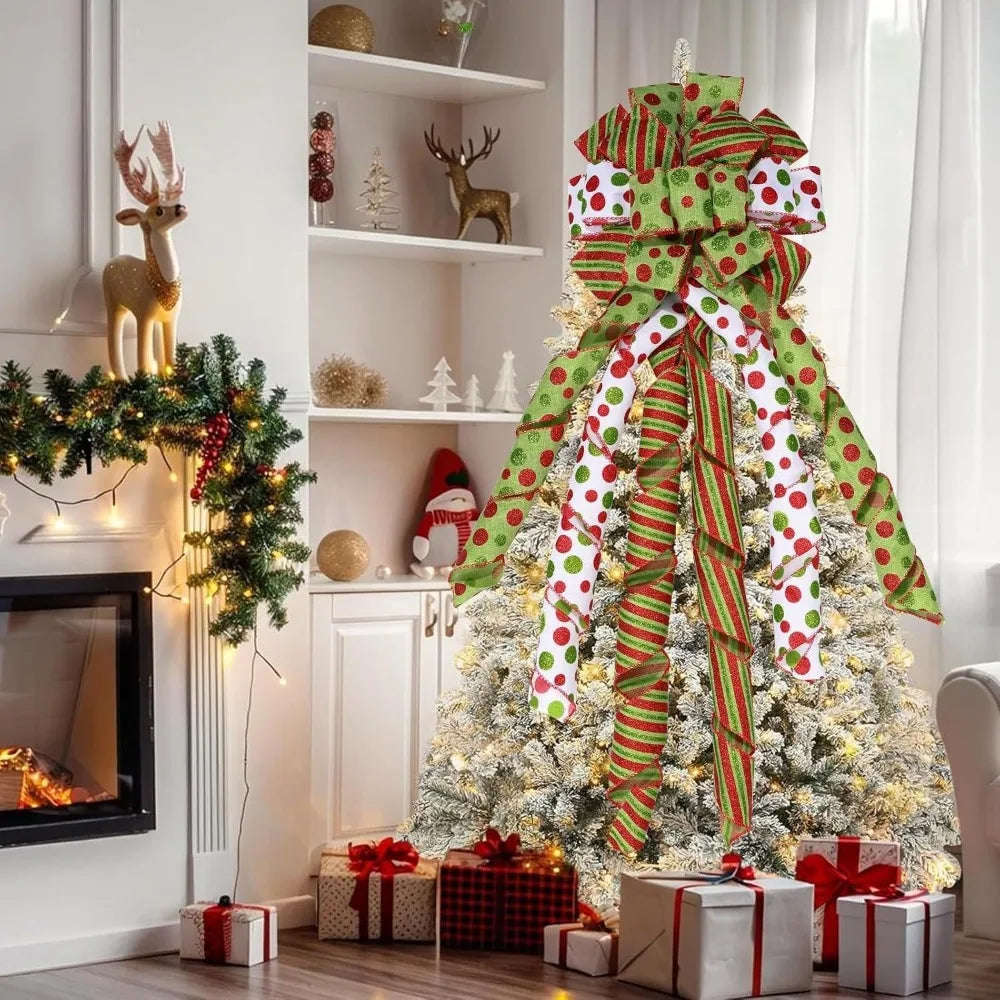 Large Christmas Bow Tree Topper – Red & Green Polka Dot