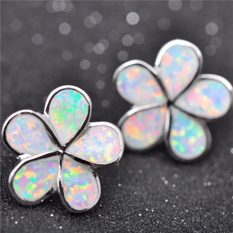 Red Simulated Opal Floral Stud Earrings – Silver Plated Women's