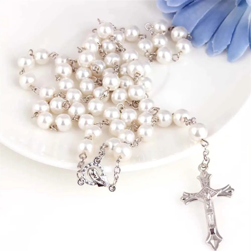 Handmade Vintage Pearl Rosary Necklace with Cross Pendant