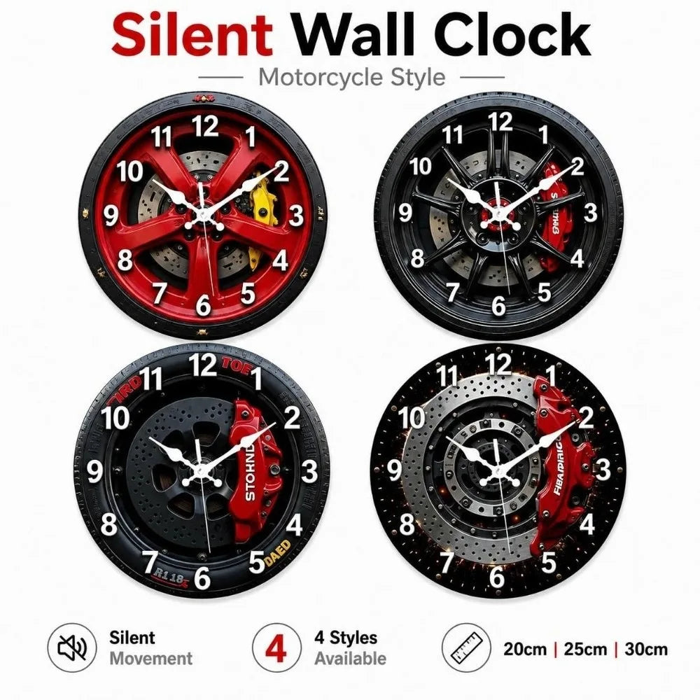 Silent Motorcycle Wheel Hub Wall Clock | 20/25/30cm Quartz