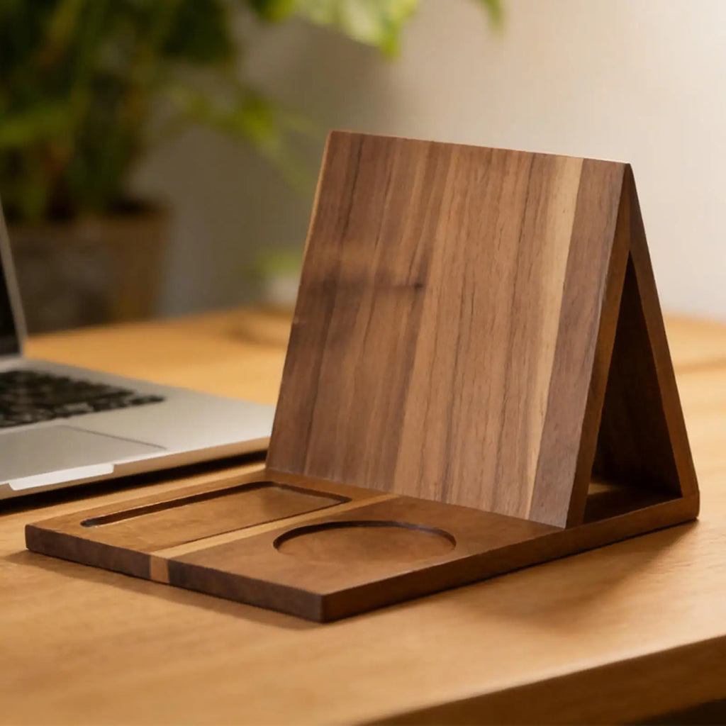 Wooden Triangle Book Stand with Drink Holder & Phone Slot