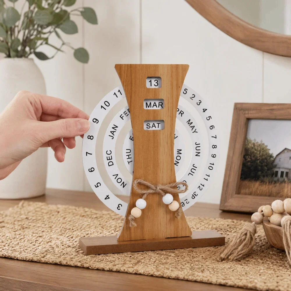 Wooden Perpetual Desk Calendar – Rotatable 3-Disc Date Keeper
