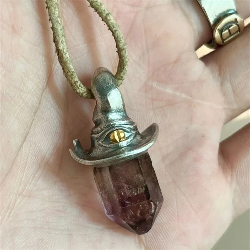 Natural Amethyst Hexagonal Crystal Witch Hat Pendant Necklace