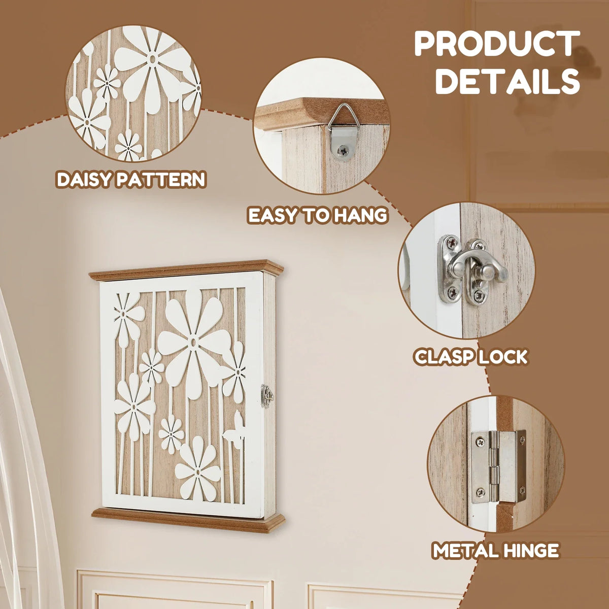 Wooden Wall Key Holder Box – 6 Hooks Farmhouse Entryway Organizer