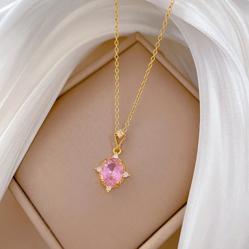 Women's Pink Zircon Pendant Gold Stainless Steel Necklace