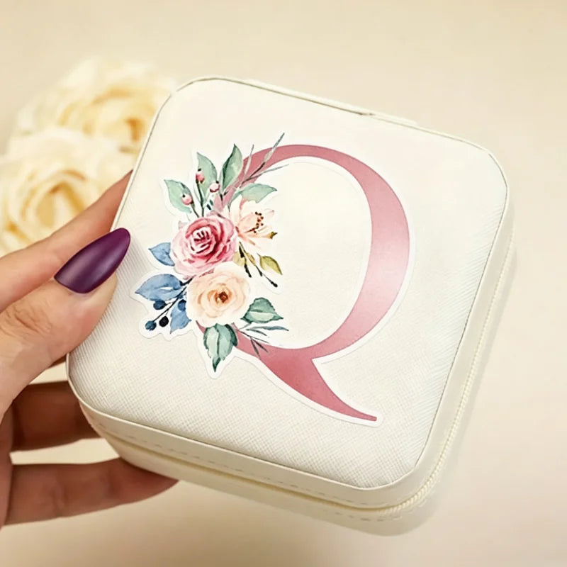 White Floral PU Leather Jewelry Box – A-Z Ring & Earring Organizer