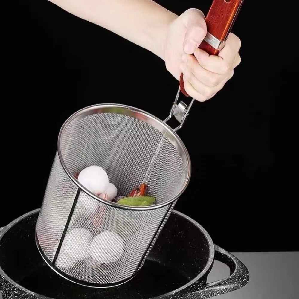 Stainless Steel Pasta Basket Strainer – Wooden Handle
