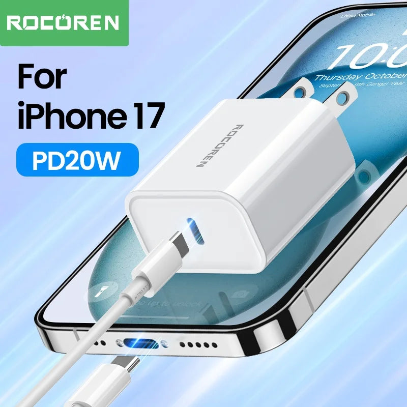 Rocoren 20W GaN USB-C Fast Charger PD3.0 QC3.0 – iPhone & Samsung