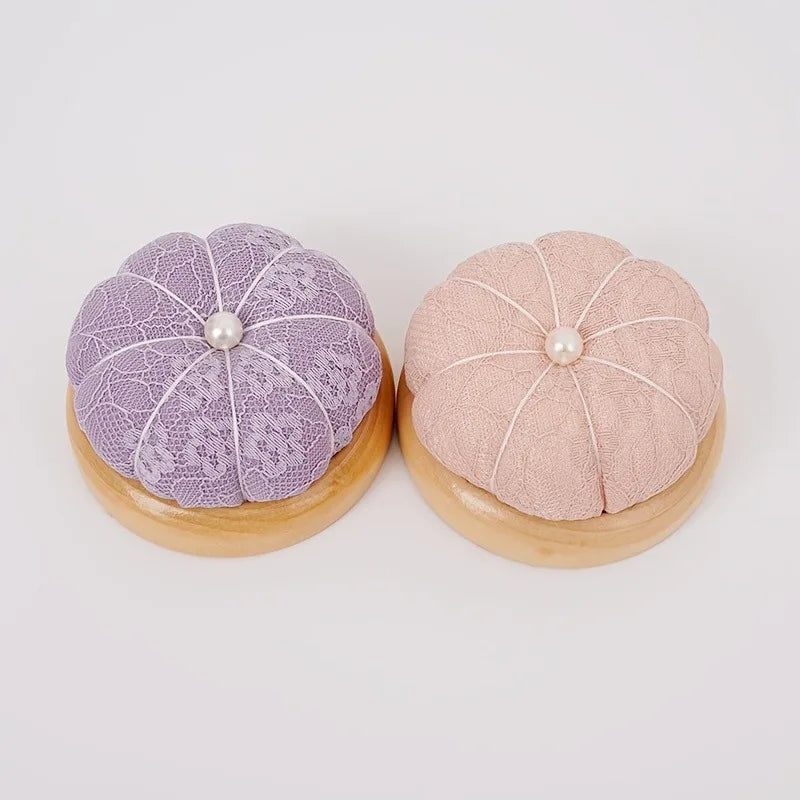 Pumpkin Lace Pincushion Wooden Base – Needle Organizer