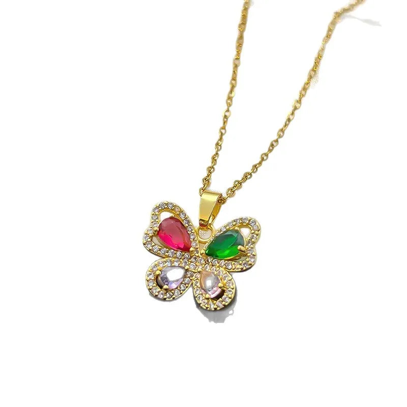 Zircon Butterfly Pendant Necklace Women | Gold Stainless Steel