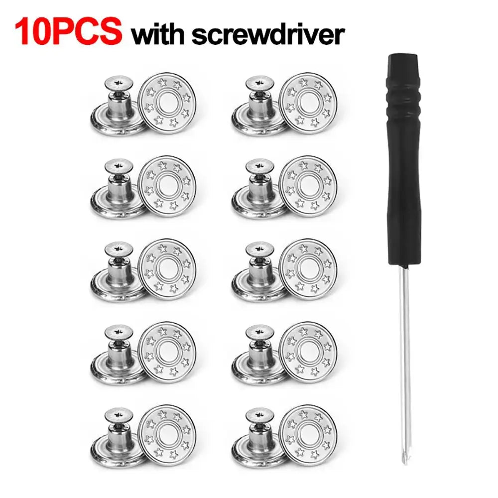 10Pcs 17mm Metal Jeans Buttons No-Sew Shank Buttons + Screwdriver