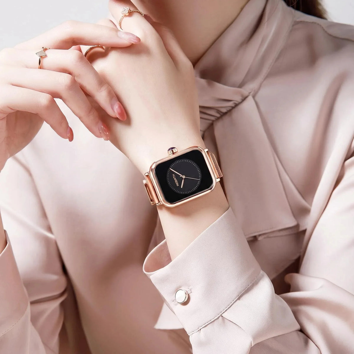 REBIRTH Rose Gold Square Women's Watch – Black Dial Quartz