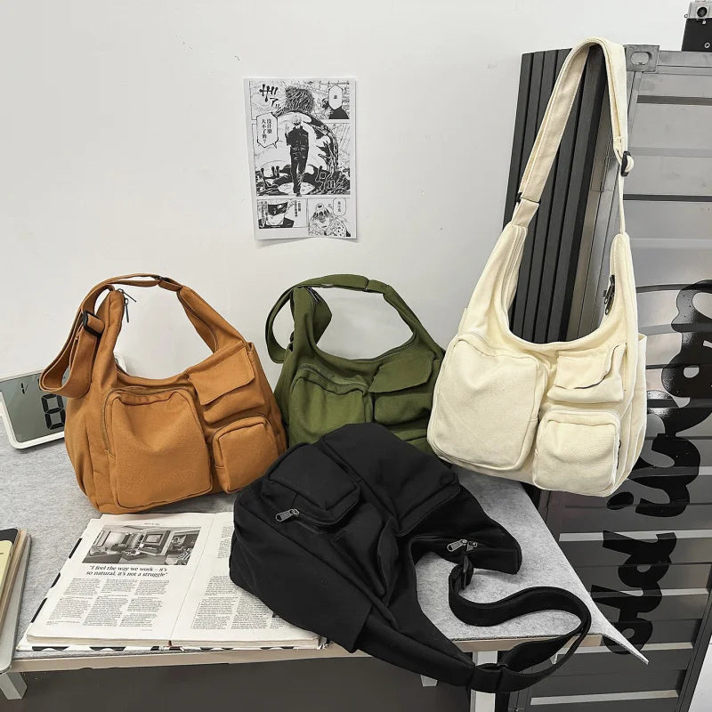 Large Canvas Dumpling Crossbody Bag – Unisex Multi-Pocket