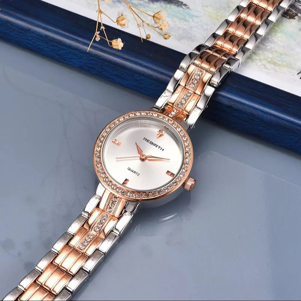 REBIRTH Women's Rose Gold Quartz Watch Diamond Bezel | Gift