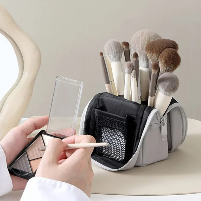 Foldable Standing Makeup Brush Case | Elastic Bands & Mesh Pocket