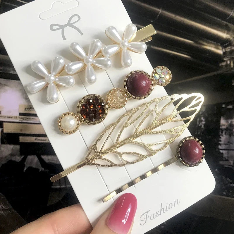 Pearl Crystal Hair Clips Set – Korean Geometric Barrettes