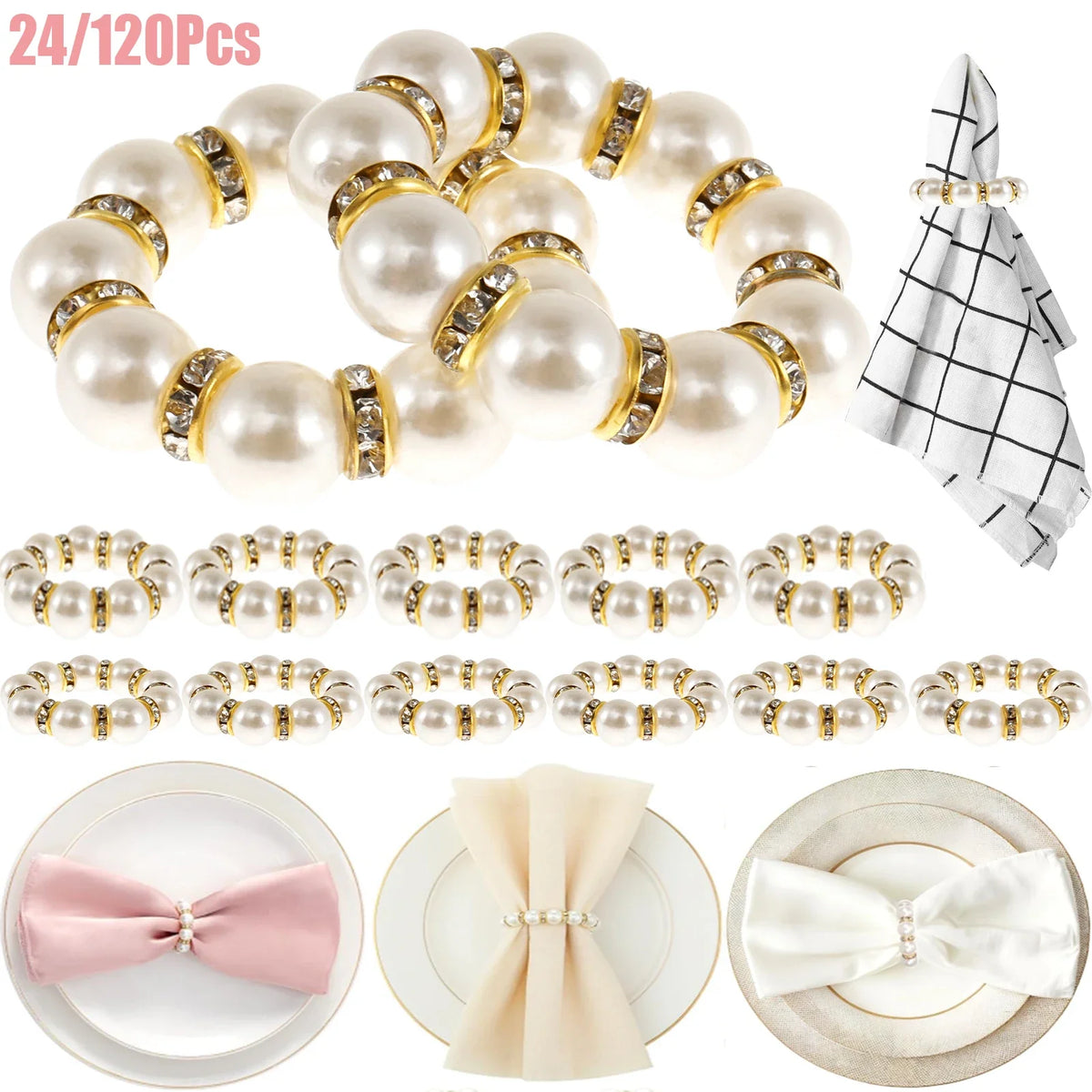 Pearl Napkin Rings – Elegant Elastic Serviette Holders 24/120 Pcs