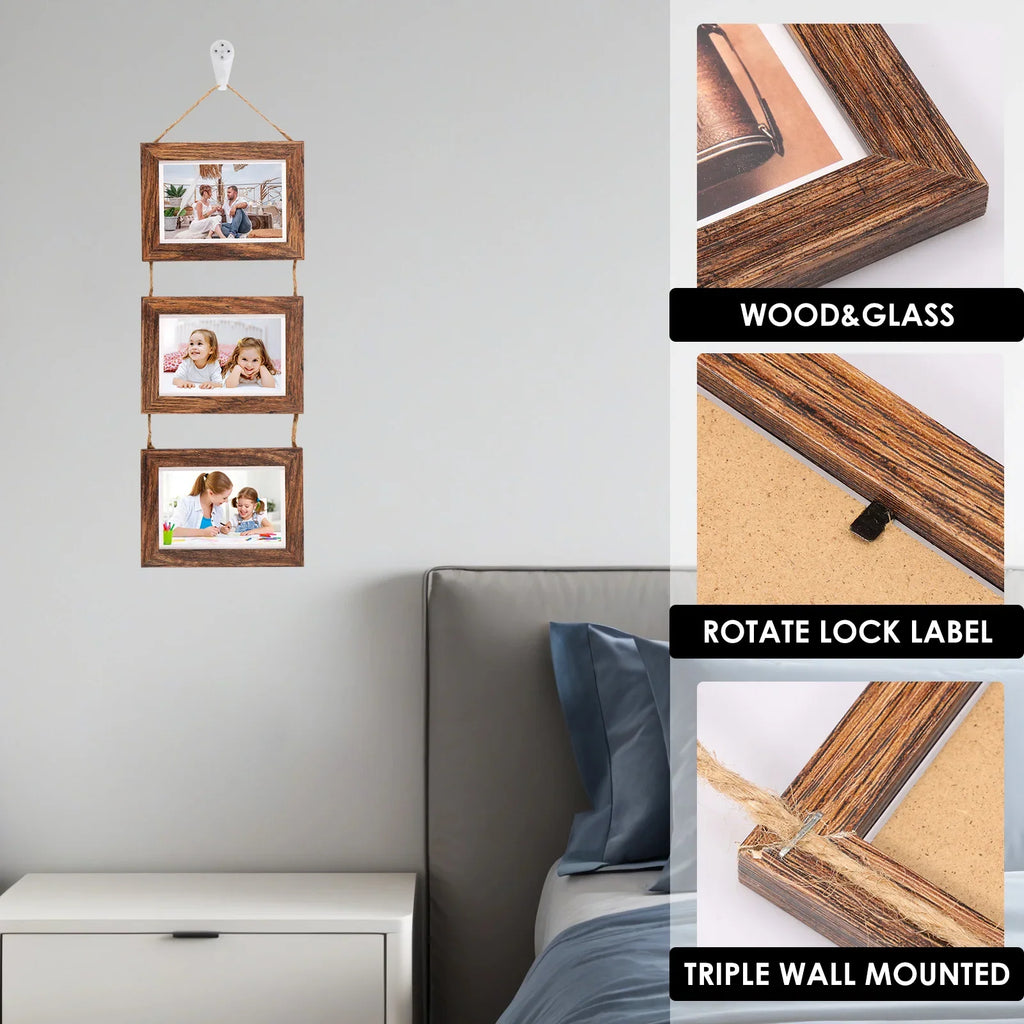 4-Pack Triple Wall Hanging Collage Photo Frames – Rustic Wood