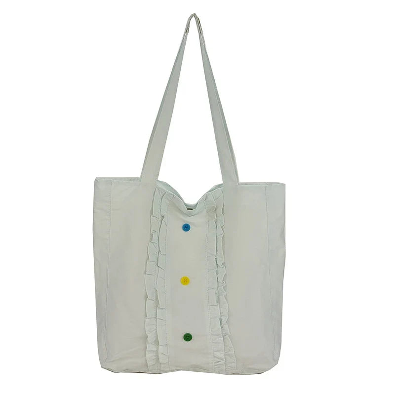 Women's Large Canvas Tote Bag – Lace Trim, Button Detail