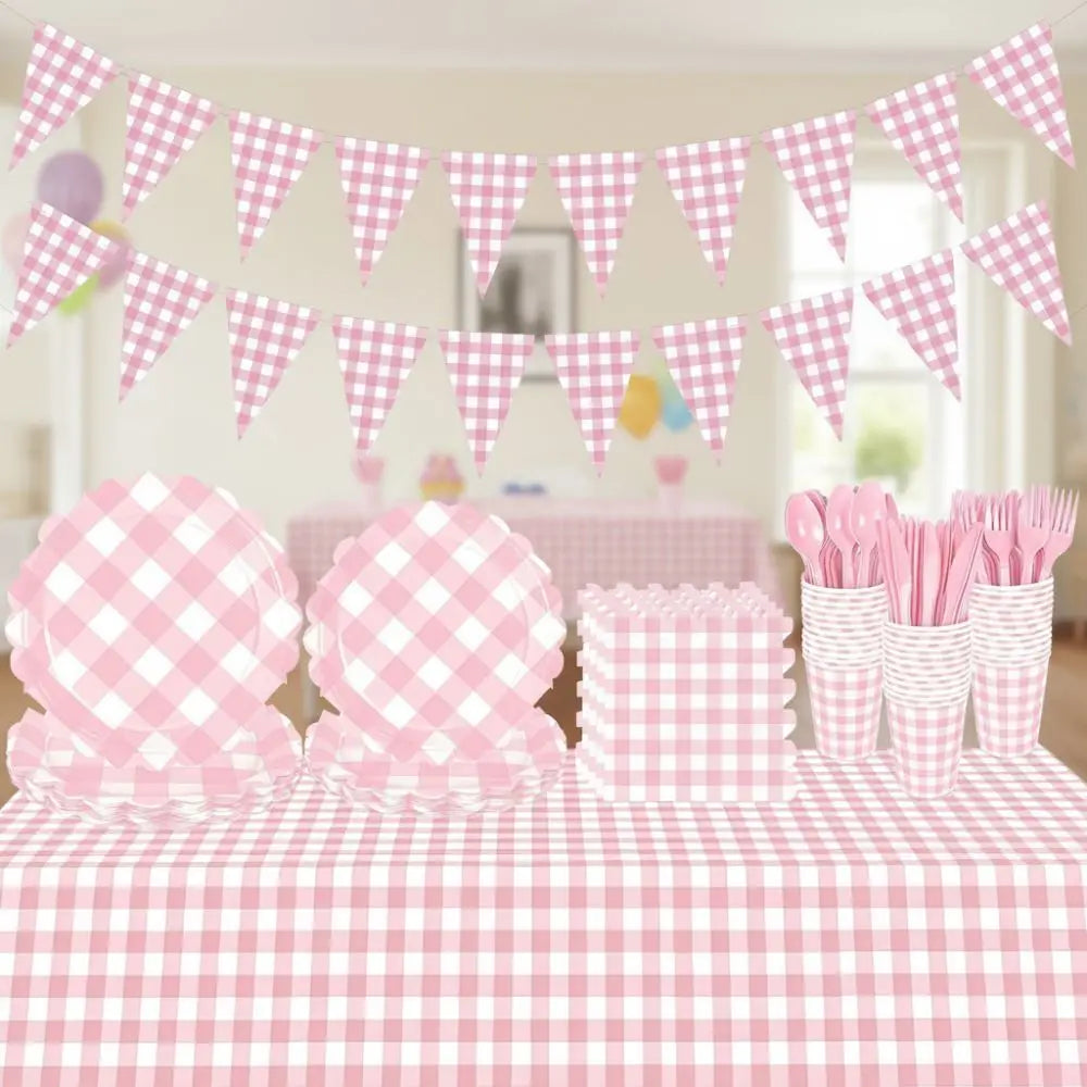 Pink Checkered Party Tableware Set – Serves 25 Guests