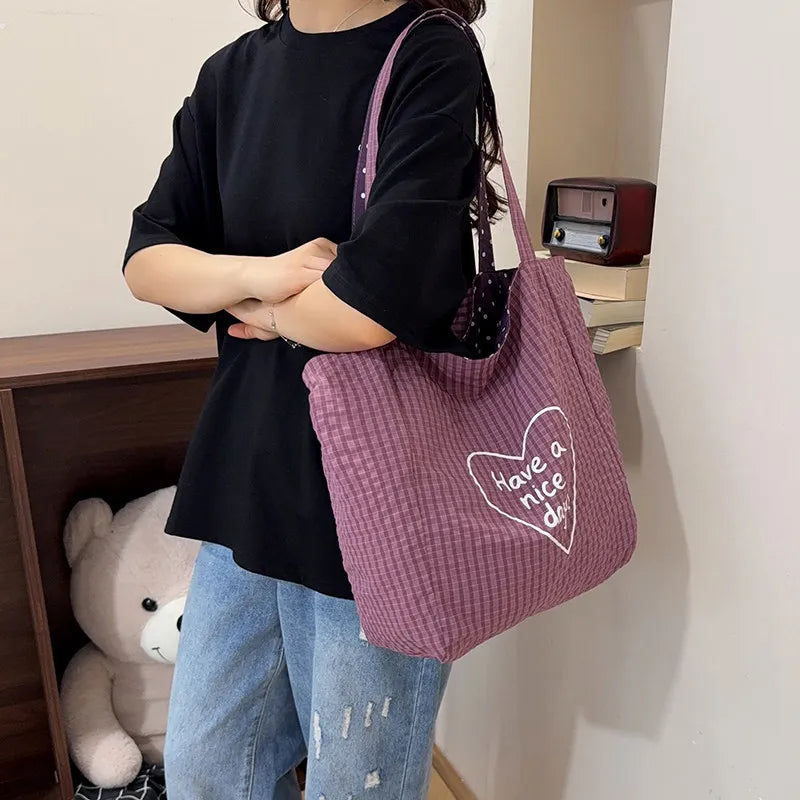 Double-Sided Plaid Polka Dot Canvas Tote Bag – Large Women's Shoulder Bag