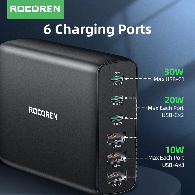Rocoren 100W GaN Desktop Charger 6-Port USB-C PD Fast Charge