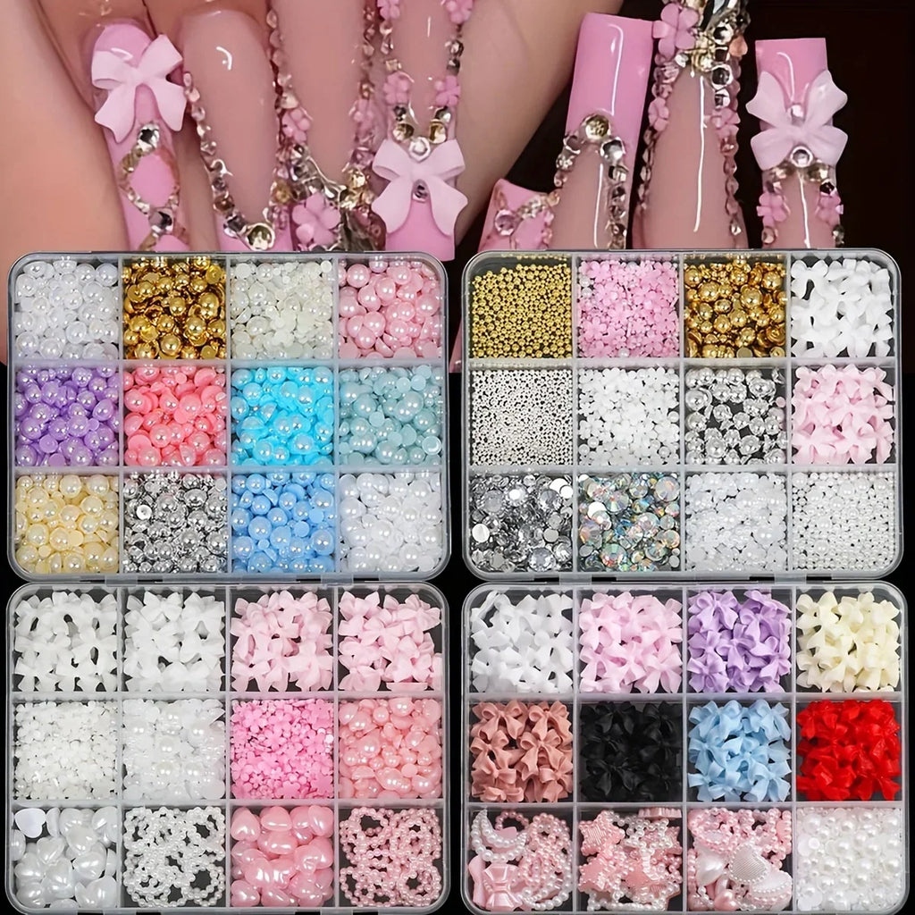 500PCS 3D Nail Art Kit – Resin Bows, Pearls & Shapes