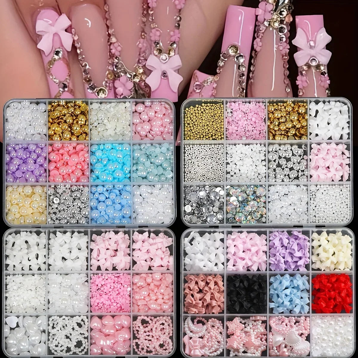500PCS 3D Nail Art Kit – Resin Bows, Pearls & Shapes