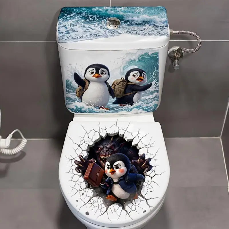 3D Penguin Toilet Lid Sticker – Funny Waterproof Bathroom Decal